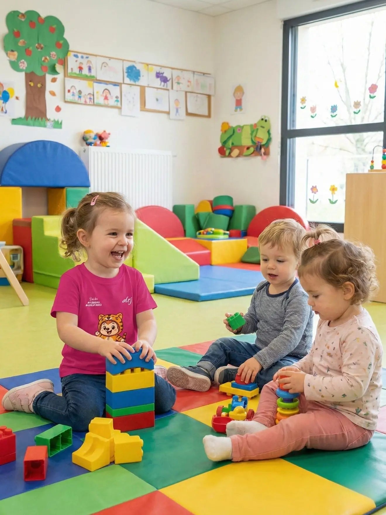 bébé avec son t-shirt de prévention des allergies alimentaires à la crèche