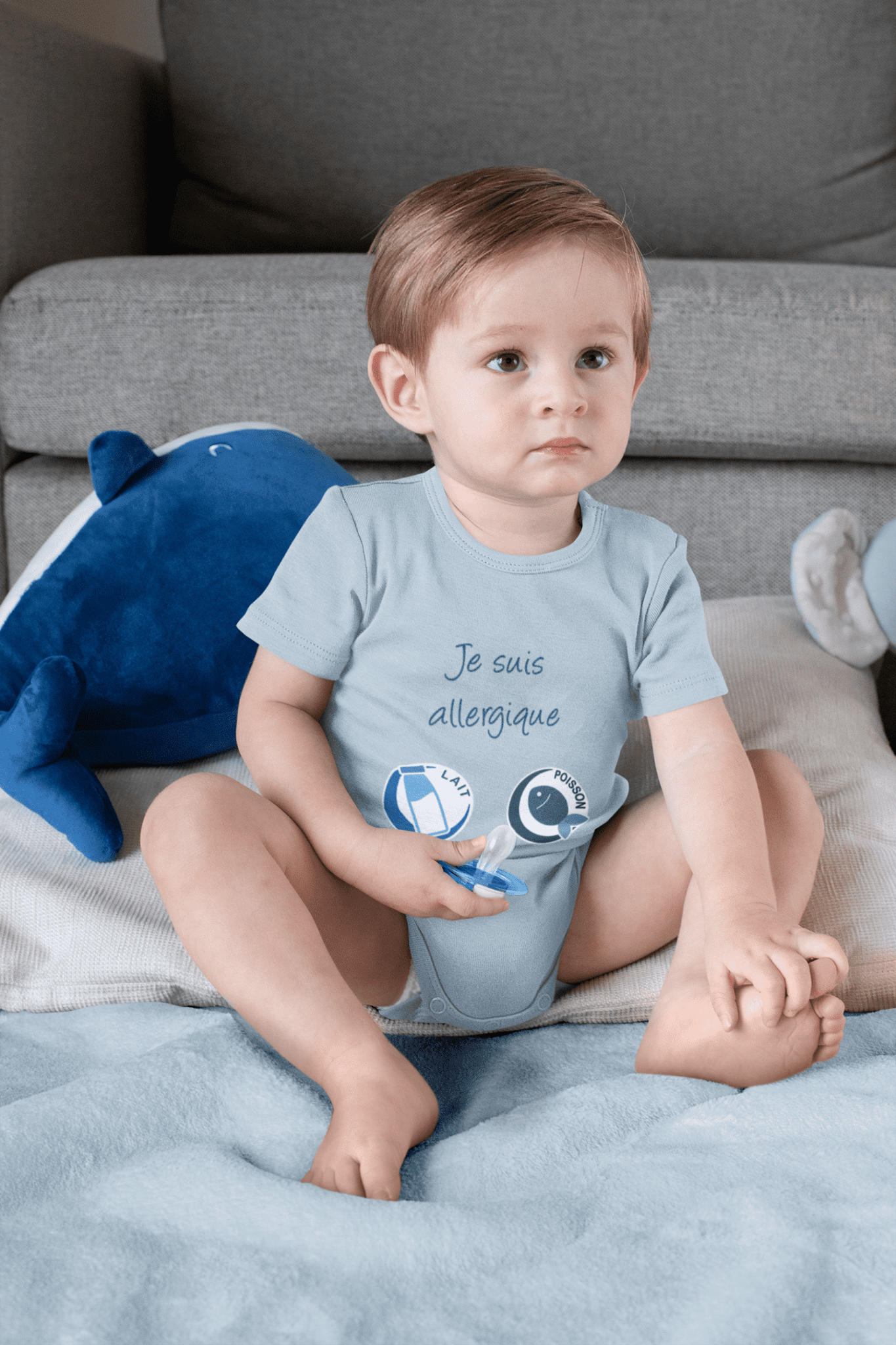 bébé garçon en body alrj je suis allergique bleu