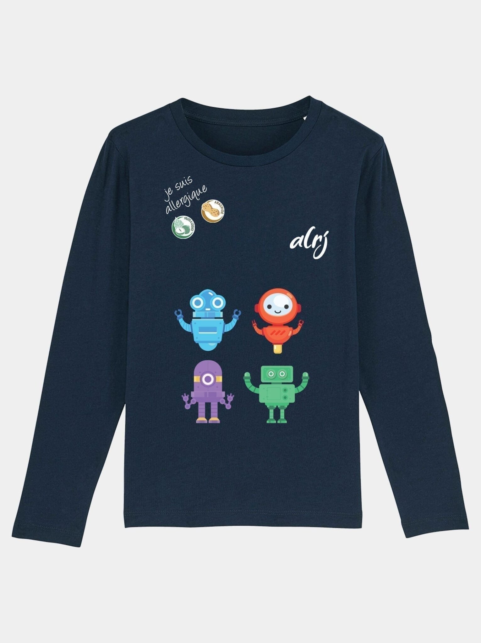 t-shirt manche longue alrj allergie alimentaire robot bleu marine
