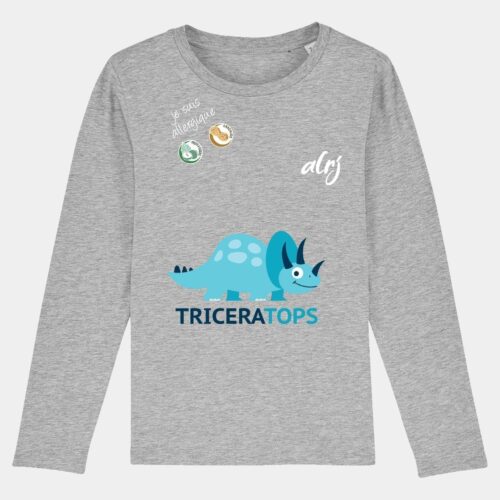 t-shirt manche longue triceratops allergies alimentaires gris chiné