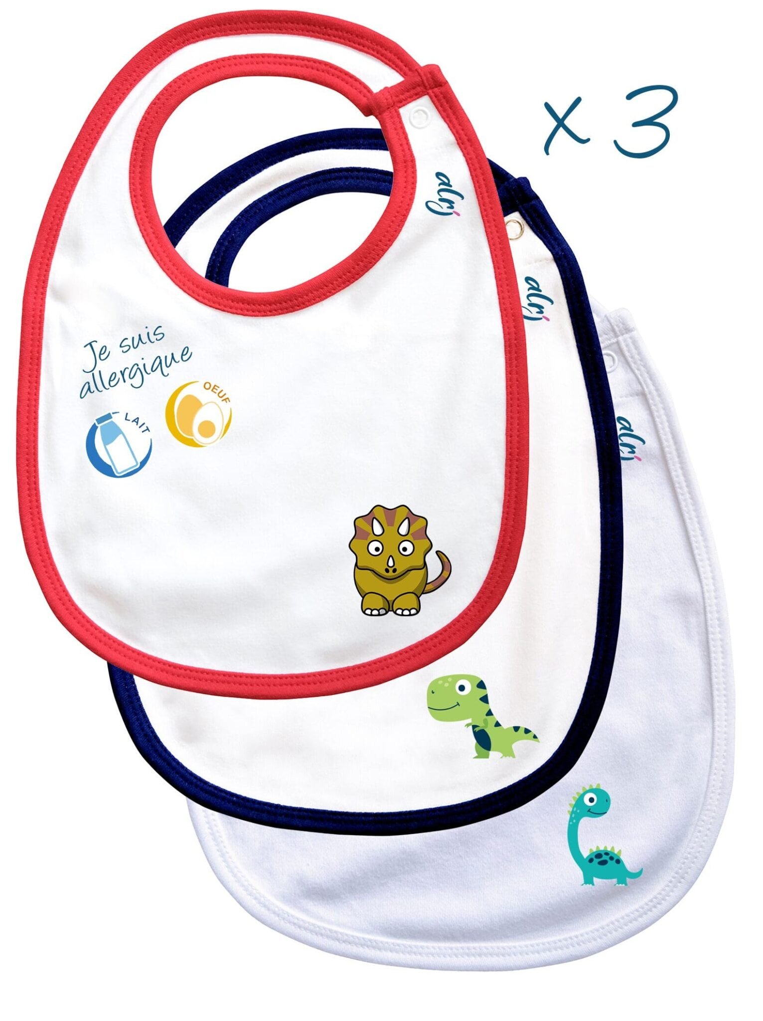 Lot de 3 bavoirs bébé allergie motifs trex diplodocus et triceratops