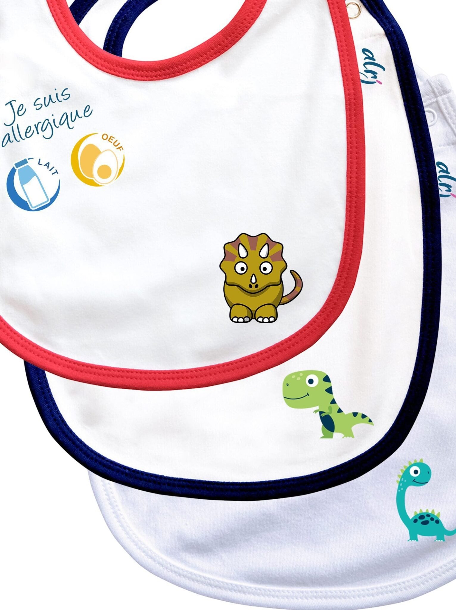 Lot de 3 bavoirs bébé allergie motifs trex diplodocus et triceratops zoom