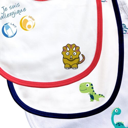 Lot de 3 bavoirs bébé allergie motifs trex diplodocus et triceratops zoom