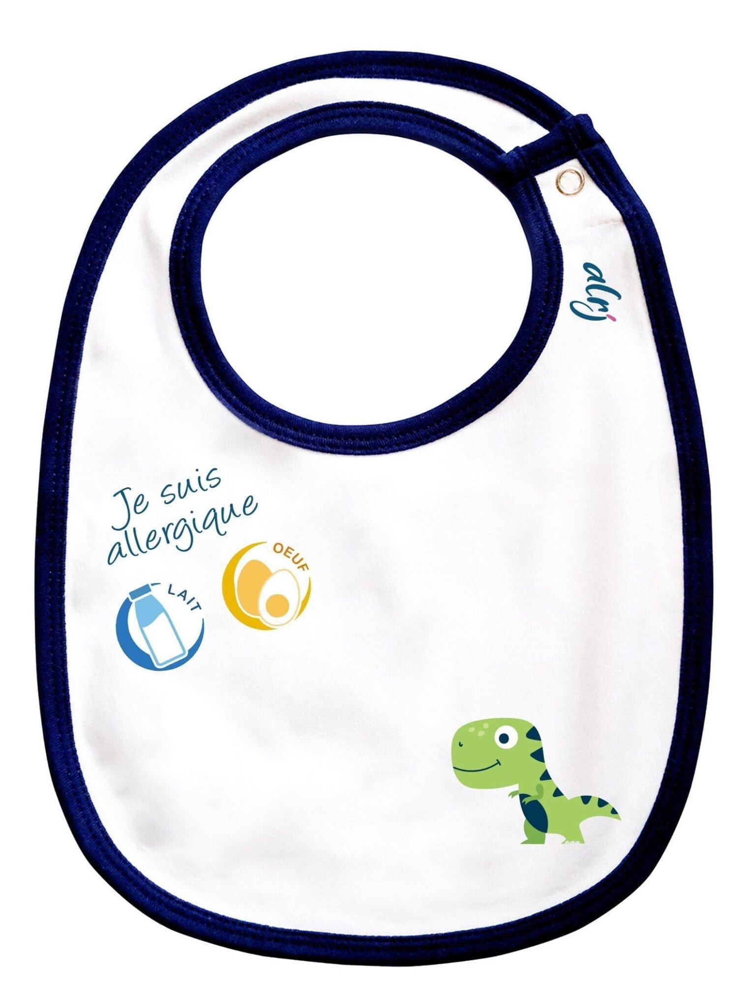 bavoir bébé allergie motif Trex bleu