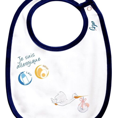 bavoir bébé allergie motif cigogne bleu