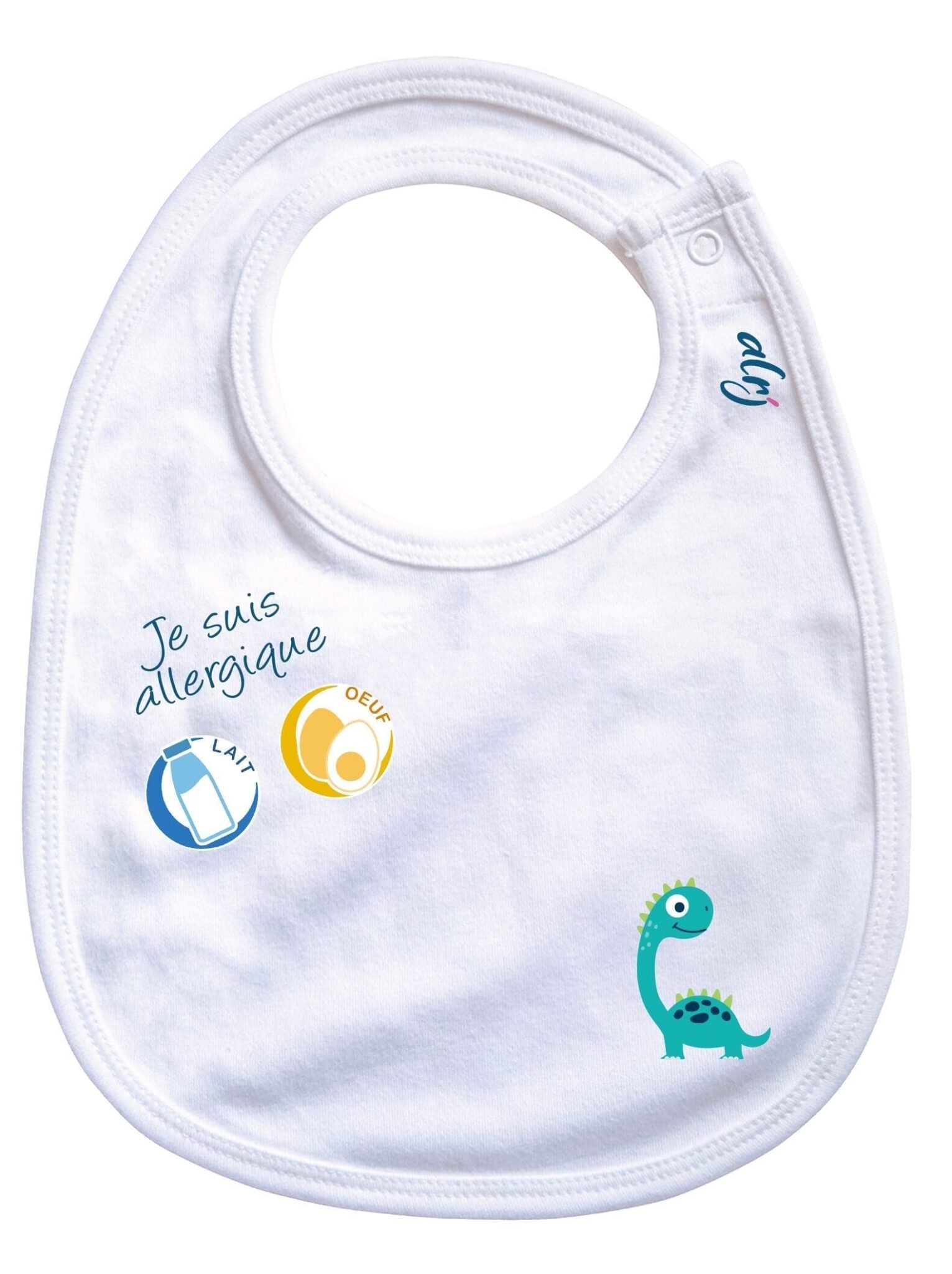 bavoir bébé allergie motif diplodocus blanc