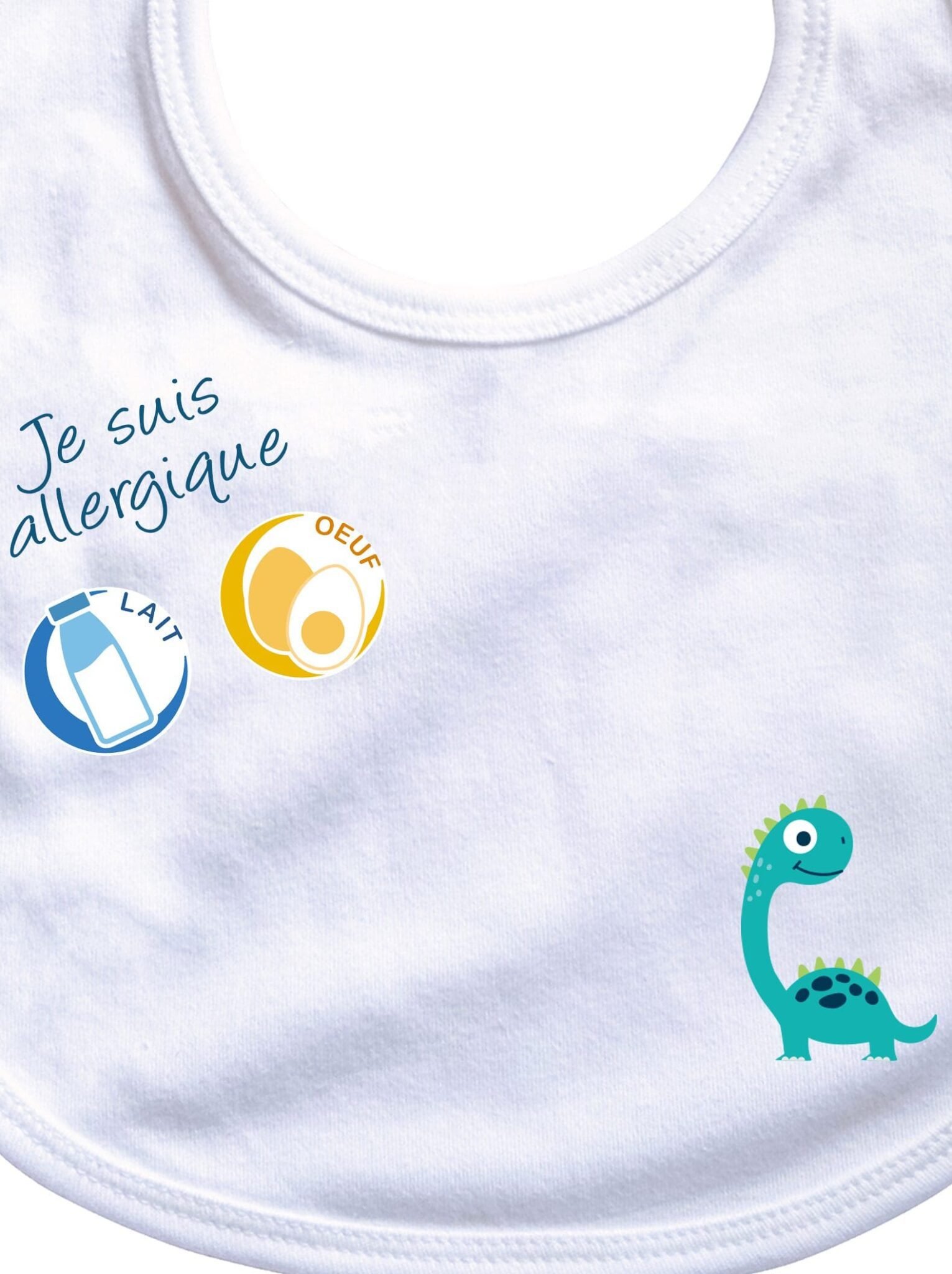 bavoir bébé allergie motif diplodocus blanc zoom