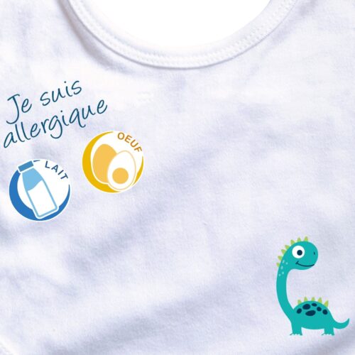 bavoir bébé allergie motif diplodocus blanc zoom