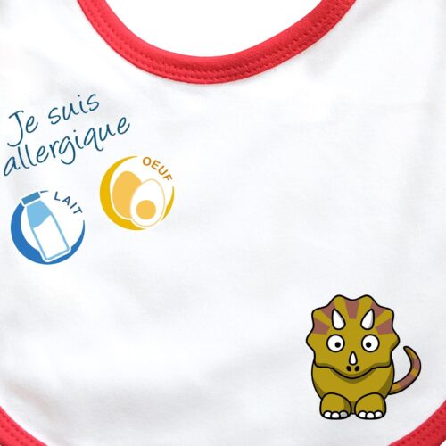 bavoir bébé allergie motif triceratops rouge zoom