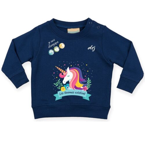 Pull bébé de prévention des allergies alimentaires motif licorne bleu