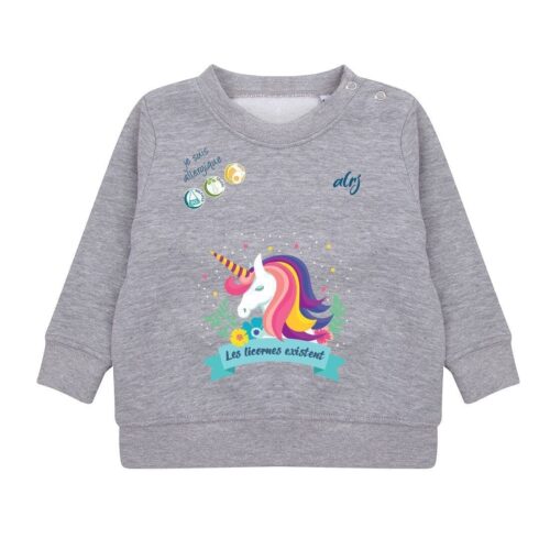 Pull de prévention des allergies alimentaires pour bébé avec motif licorne gris