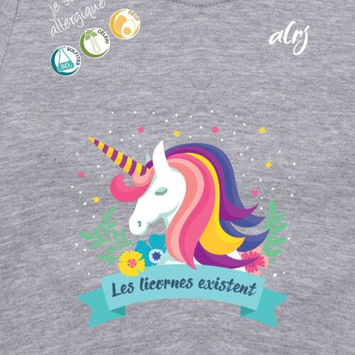 pull bébé allergie licorne gris