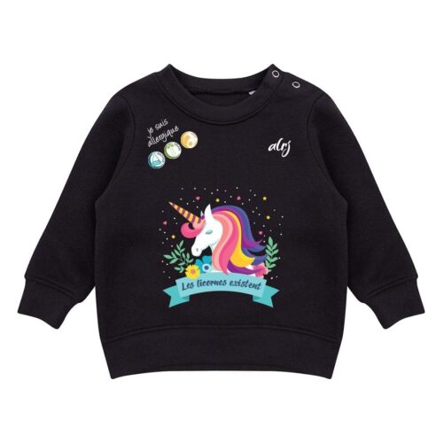 Pull bébé de prévention des allergies alimentaires motif licorne noir