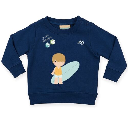 Pull bébé allergie motif surfeur bleu