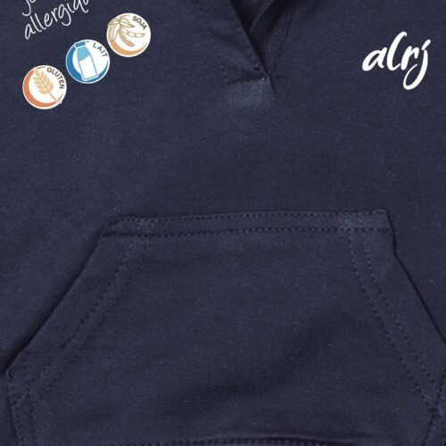 sweatshirt bébé à poche kangourou allergies alimentaires bleu zoom