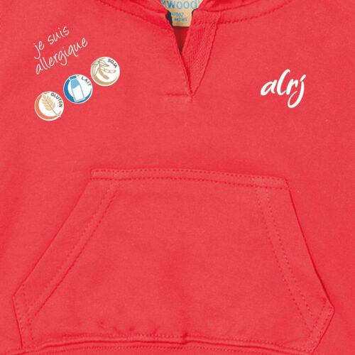 sweatshirt bébé à poche kangourou allergies alimentaires rouge zoom