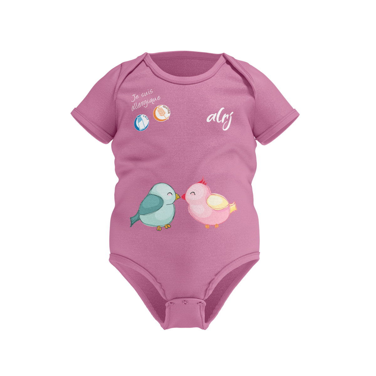body bébé allergies alimentaires rose avec un motif oiseaux amoureux
