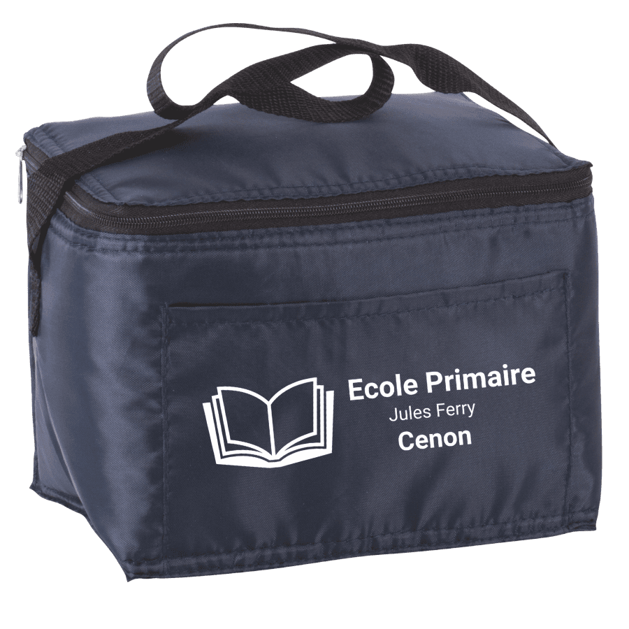 sac isotherme pour enfant bleu avec personnalisation au nom de l'école