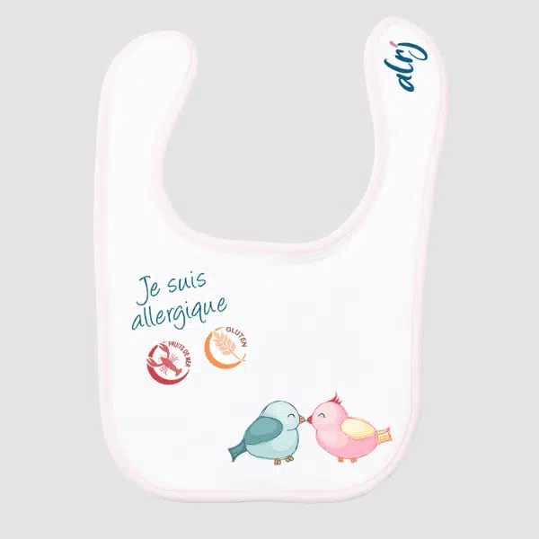 bavoir de prévention des allergies alimentaires rose motif oiseaux amoureux