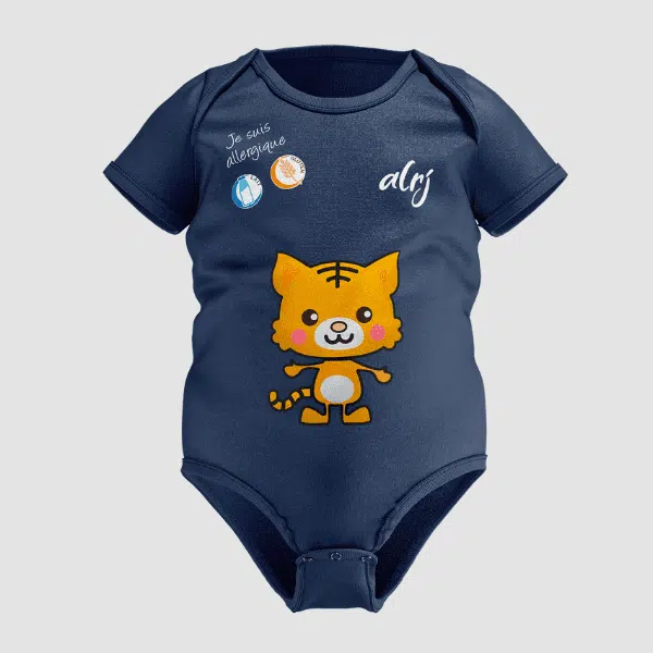body de prévention des allergies alimentaires bleu avec motif tigre