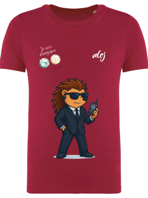 t-shirt de prévention des allergies alimentaires piki agent secret bordeaux